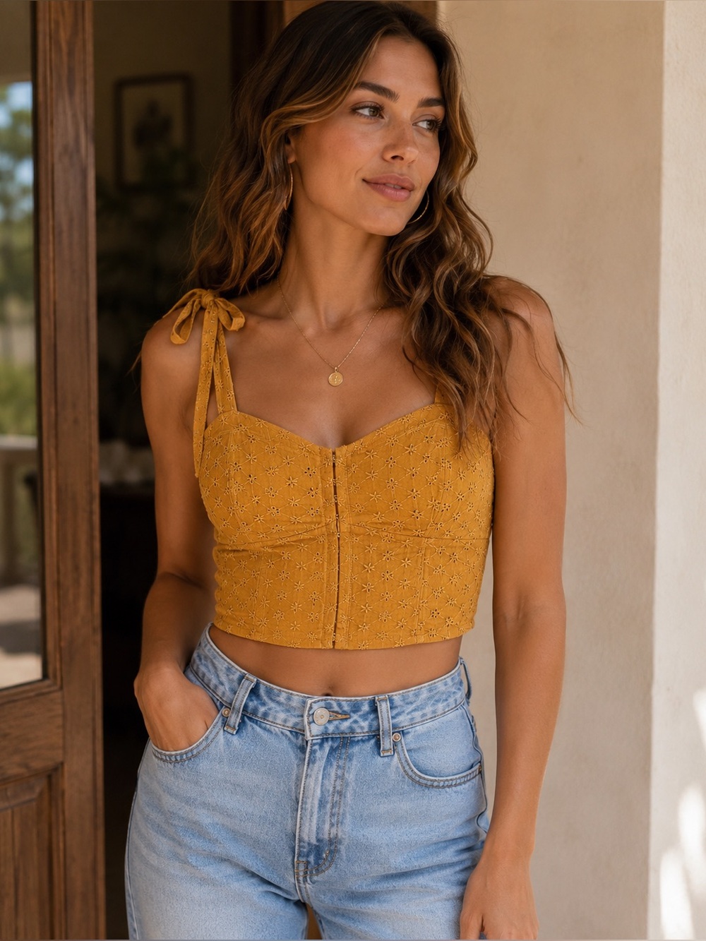 American Eagle Mustard Yellow Cropped Eyelet Smocked Halter Bustier Top